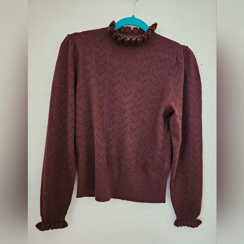 J. Crew Maroon Cashmere Sweater with Ruffle Detail